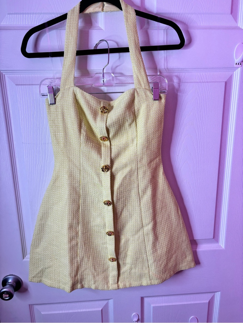 Fashion Nova Pale Yellow Halter Button-Front Mini Dress